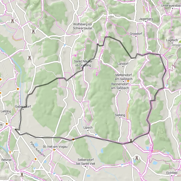Zemljevid v pomanjšavi "Kolesarska pot skozi Sankt Nikolai ob Draßlingu" kolesarske inspiracije v Steiermark, Austria. Generirano z načrtovalcem kolesarskih poti Tarmacs.app