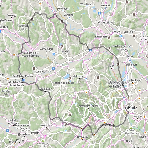 Kartminiatyr av "Gjennom Kogelberg og Hengsberg" sykkelinspirasjon i Steiermark, Austria. Generert av Tarmacs.app sykkelrutoplanlegger