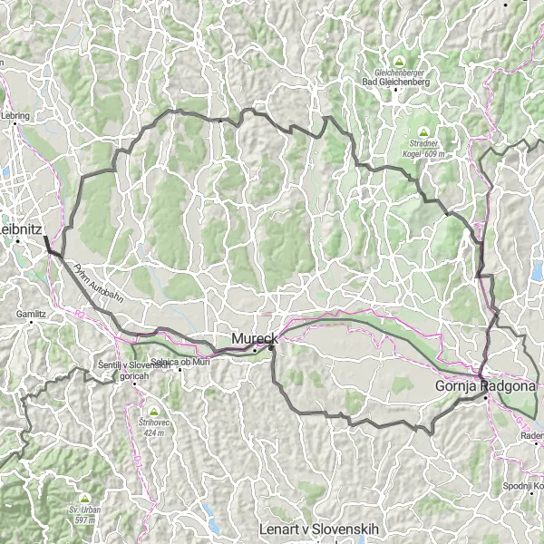 Miniatua del mapa de inspiración ciclista "Ruta de ciclismo en carretera cerca de Leitring" en Steiermark, Austria. Generado por Tarmacs.app planificador de rutas ciclistas