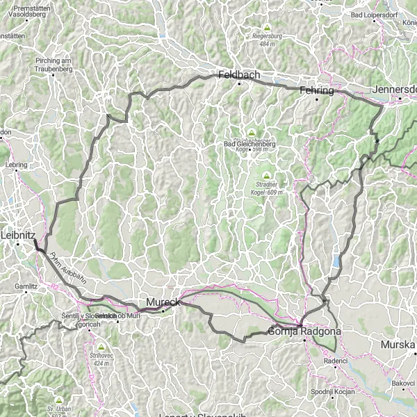 Mapa miniatúra "Prestížna cyklotúra cez južné Štajersko" cyklistická inšpirácia v Steiermark, Austria. Vygenerované cyklistickým plánovačom trás Tarmacs.app
