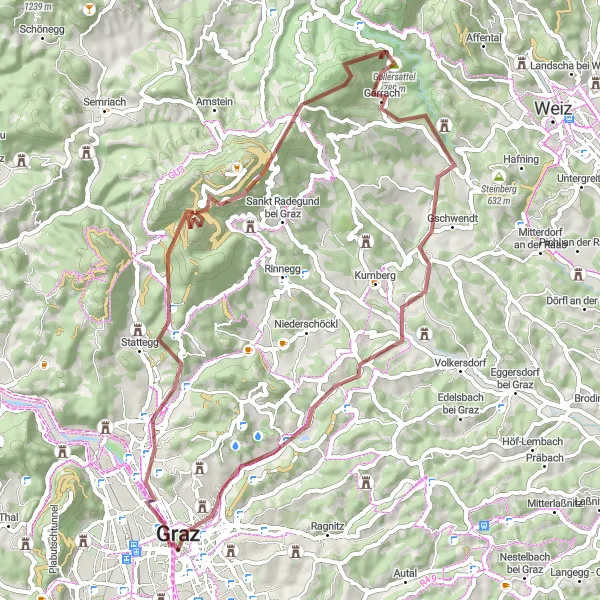 Zemljevid v pomanjšavi "Gozdni spektakel okoli Graza" kolesarske inspiracije v Steiermark, Austria. Generirano z načrtovalcem kolesarskih poti Tarmacs.app