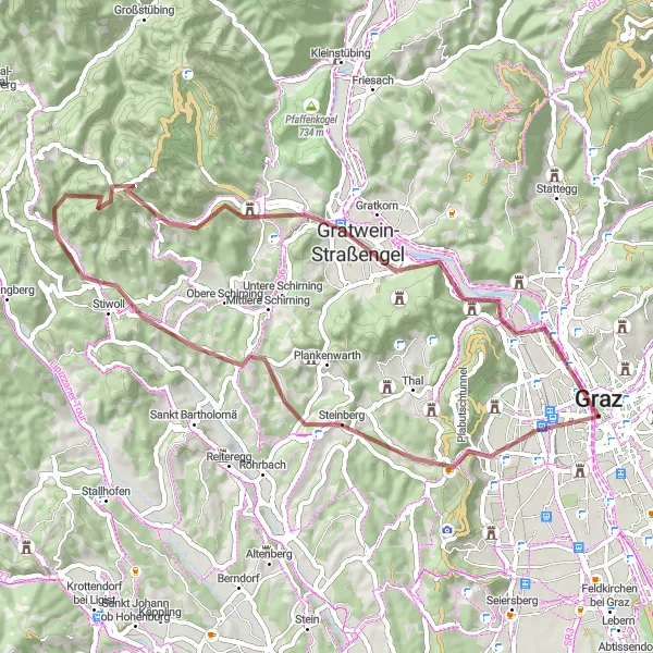 Mapa miniatúra "Gravelové trasy kolem Lendu" cyklistická inšpirácia v Steiermark, Austria. Vygenerované cyklistickým plánovačom trás Tarmacs.app