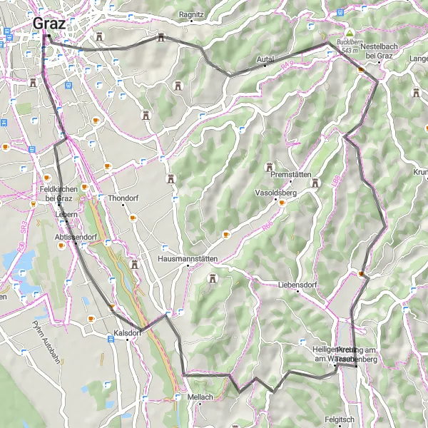 Miniatura della mappa di ispirazione al ciclismo "Rotta attraverso i paesaggi rurali" nella regione di Steiermark, Austria. Generata da Tarmacs.app, pianificatore di rotte ciclistiche