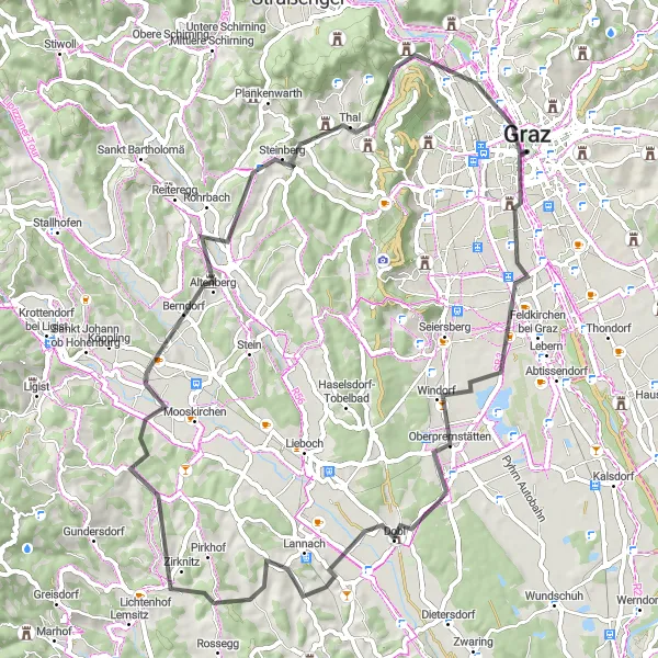Miniatua del mapa de inspiración ciclista "Ruta Escénica por Lend y Lannach" en Steiermark, Austria. Generado por Tarmacs.app planificador de rutas ciclistas