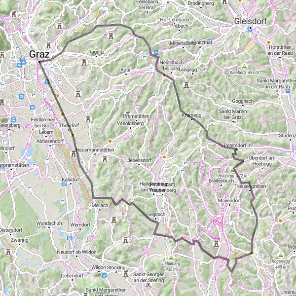 Miniature de la carte de l'inspiration cycliste "Tour du Château" dans la Steiermark, Austria. Générée par le planificateur d'itinéraire cycliste Tarmacs.app