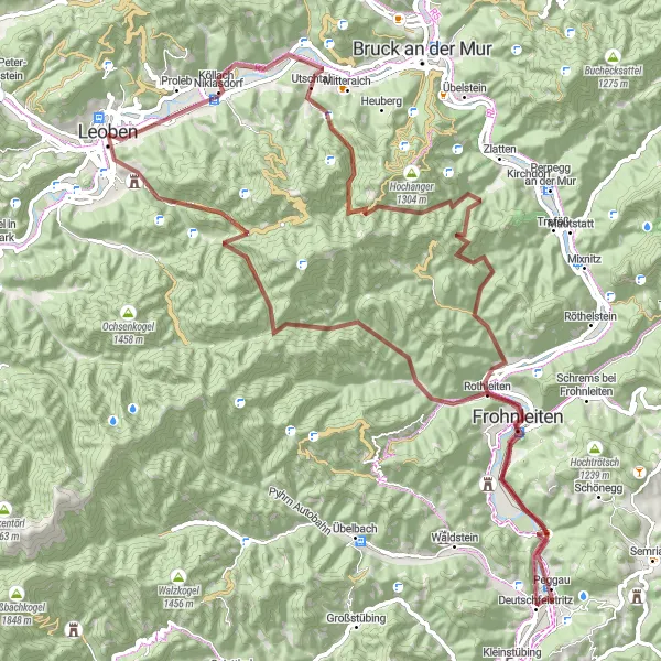 Miniature de la carte de l'inspiration cycliste "Circuit des Châteaux Gravel à partir de Leoben" dans la Steiermark, Austria. Générée par le planificateur d'itinéraire cycliste Tarmacs.app