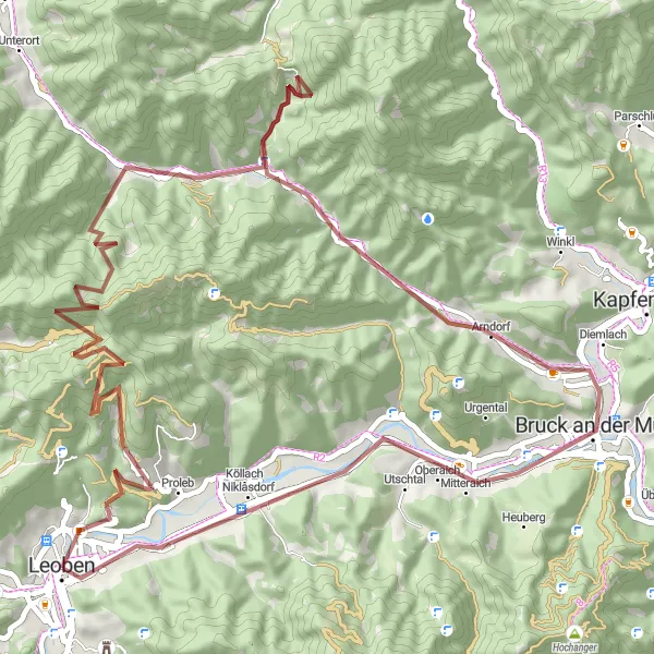 Karttaminiaatyyri "Maalaismaisemien risteily Prolebin kautta" pyöräilyinspiraatiosta alueella Steiermark, Austria. Luotu Tarmacs.app pyöräilyreittisuunnittelijalla