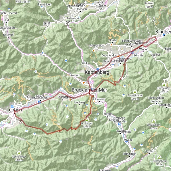 Miniatuurkaart van de fietsinspiratie "Grindpad door Leobener bergen" in Steiermark, Austria. Gemaakt door de Tarmacs.app fietsrouteplanner