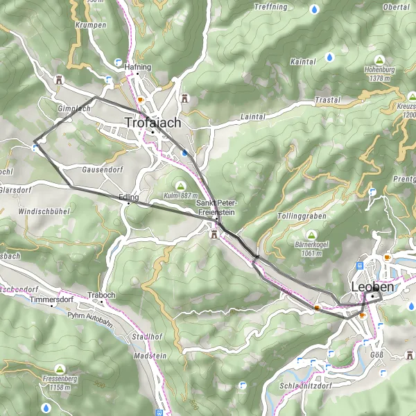 Kartminiatyr av "Kort och intensiv cykeltur" cykelinspiration i Steiermark, Austria. Genererad av Tarmacs.app cykelruttplanerare