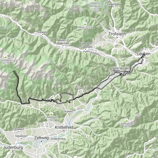 Miniatua del mapa de inspiración ciclista "Ruta de Ciclismo de Carretera con Destacados Históricos" en Steiermark, Austria. Generado por Tarmacs.app planificador de rutas ciclistas