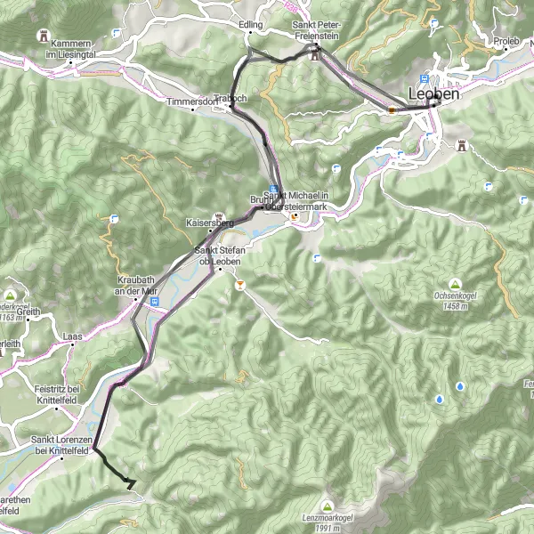 Miniature de la carte de l'inspiration cycliste "Les collines de Styrie en vélo de route" dans la Steiermark, Austria. Générée par le planificateur d'itinéraire cycliste Tarmacs.app