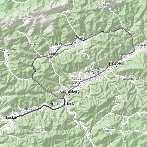 Zemljevid v pomanjšavi "Krožni cestni kolesarski izlet preko Bruck an der Mur" kolesarske inspiracije v Steiermark, Austria. Generirano z načrtovalcem kolesarskih poti Tarmacs.app