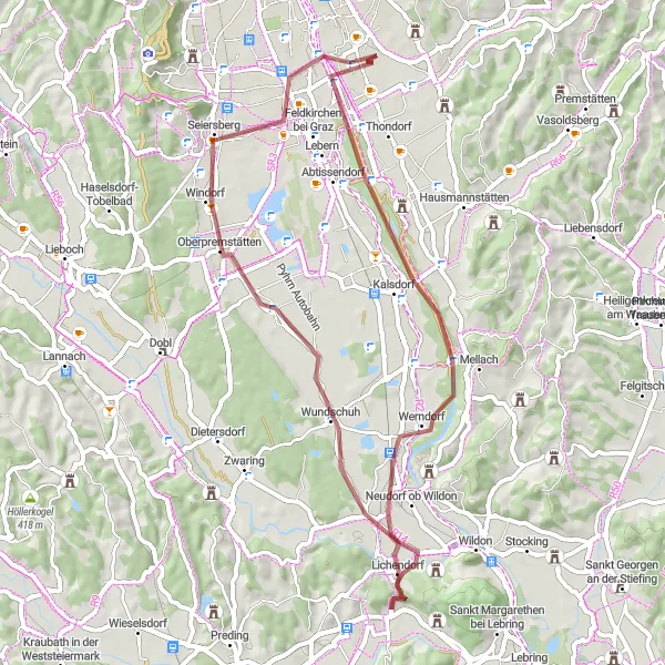 Miniatuurkaart van de fietsinspiratie "Werndorf en Gemeinschaftsterrasse Gravel Route" in Steiermark, Austria. Gemaakt door de Tarmacs.app fietsrouteplanner