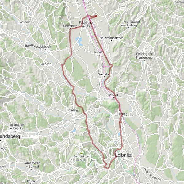 Miniature de la carte de l'inspiration cycliste "Boucle Mellach-Wildon" dans la Steiermark, Austria. Générée par le planificateur d'itinéraire cycliste Tarmacs.app