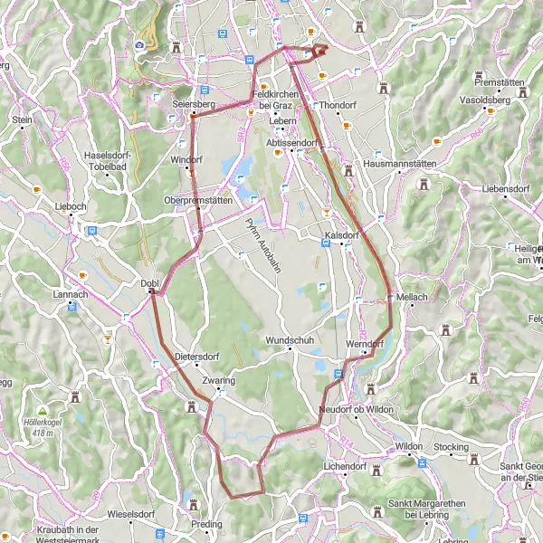 Mapa miniatúra "Liebenau - Schloß Mühleck - Werndorf - Steinbruchriegel - Dobl - Seiersberg - Gemeinschaftsterrasse - Liebenau" cyklistická inšpirácia v Steiermark, Austria. Vygenerované cyklistickým plánovačom trás Tarmacs.app