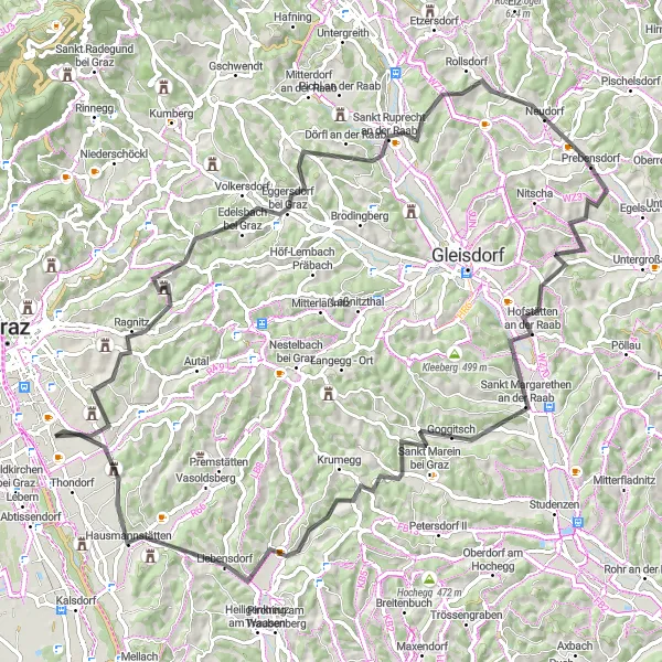 Mapa miniatúra "Liebenau - Schloss Reintal - Schweinberg - Eggersdorf bei Graz - Steinbauernhöhe - Hofstätten an der Raab - Goggitsch - Hühnerberg - Hausmannstätten - Liebenau" cyklistická inšpirácia v Steiermark, Austria. Vygenerované cyklistickým plánovačom trás Tarmacs.app