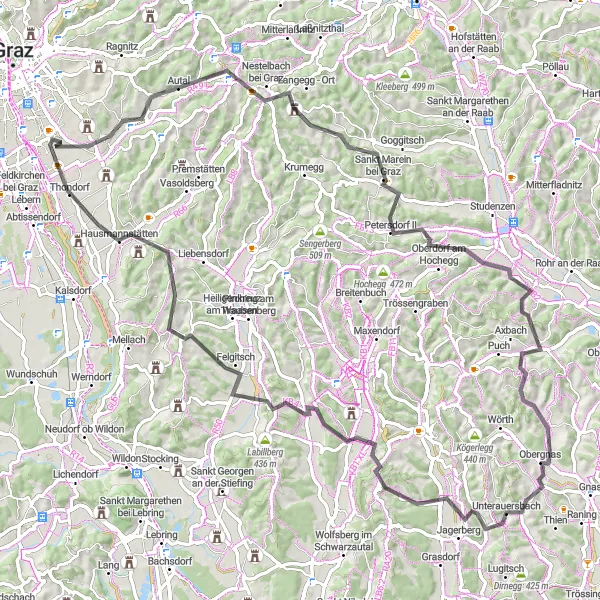 Miniatuurkaart van de fietsinspiratie "Paldau en Tontelberg Road Route" in Steiermark, Austria. Gemaakt door de Tarmacs.app fietsrouteplanner