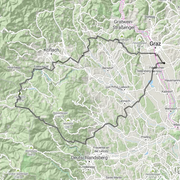 Map miniature of "Liebenau to Deutschlandsberg Route" cycling inspiration in Steiermark, Austria. Generated by Tarmacs.app cycling route planner