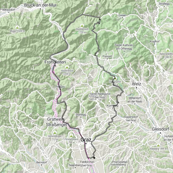 Karttaminiaatyyri "Historiallinen kierros" pyöräilyinspiraatiosta alueella Steiermark, Austria. Luotu Tarmacs.app pyöräilyreittisuunnittelijalla