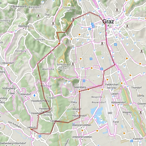 Miniatura della mappa di ispirazione al ciclismo "Gravel Tour del Tesoro di Tobelbad" nella regione di Steiermark, Austria. Generata da Tarmacs.app, pianificatore di rotte ciclistiche