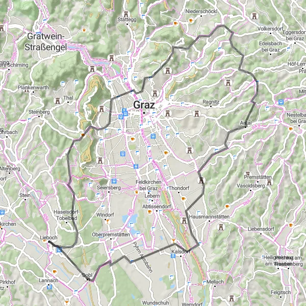 Miniatura della mappa di ispirazione al ciclismo "Road Tour delle Colline di Graz" nella regione di Steiermark, Austria. Generata da Tarmacs.app, pianificatore di rotte ciclistiche