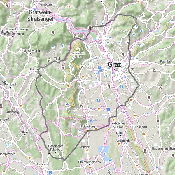 Kartminiatyr av "Vakker tur til Platte og Haselsdorf" sykkelinspirasjon i Steiermark, Austria. Generert av Tarmacs.app sykkelrutoplanlegger