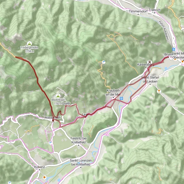 Zemljevid v pomanjšavi "Pustolovščina po makadamu proti Liesingtal" kolesarske inspiracije v Steiermark, Austria. Generirano z načrtovalcem kolesarskih poti Tarmacs.app