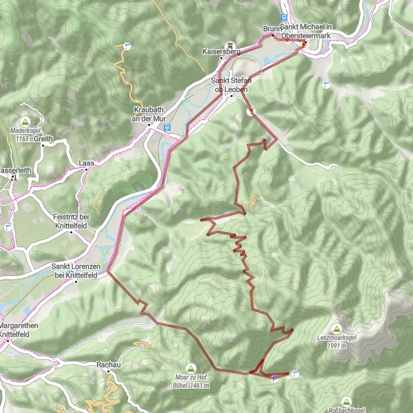 Miniaturní mapa "Přes hory a údolí" inspirace pro cyklisty v oblasti Steiermark, Austria. Vytvořeno pomocí plánovače tras Tarmacs.app