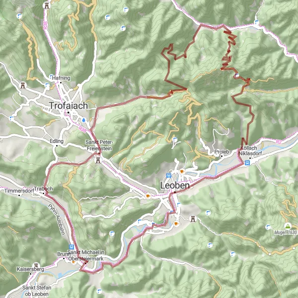 Kartminiatyr av "Grusvei mot Sankt Peter-Freienstein og Franzosenkreuz" sykkelinspirasjon i Steiermark, Austria. Generert av Tarmacs.app sykkelrutoplanlegger