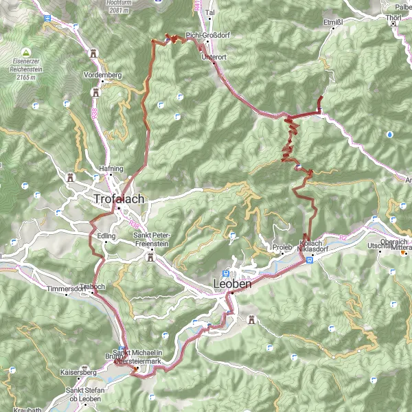 Miniatura della mappa di ispirazione al ciclismo "Giro in Gravel attraverso le colline di Liesingtal" nella regione di Steiermark, Austria. Generata da Tarmacs.app, pianificatore di rotte ciclistiche