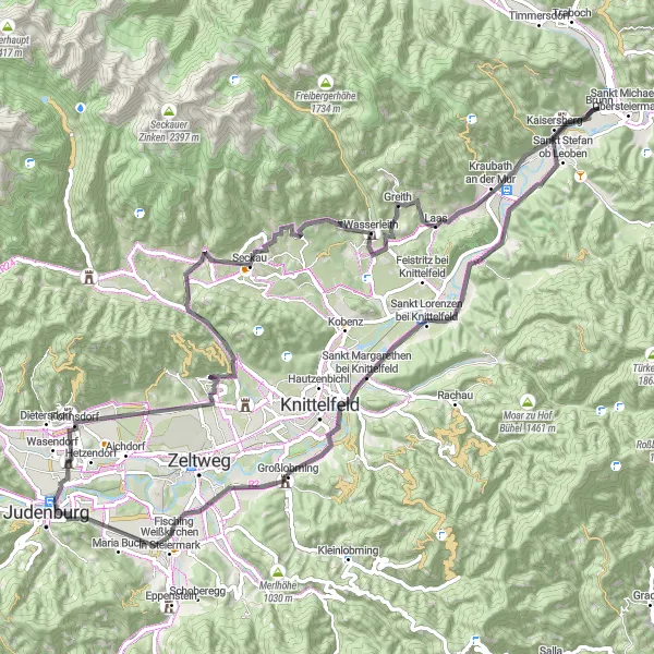 Miniaturní mapa "Okolo údolí a hradů" inspirace pro cyklisty v oblasti Steiermark, Austria. Vytvořeno pomocí plánovače tras Tarmacs.app