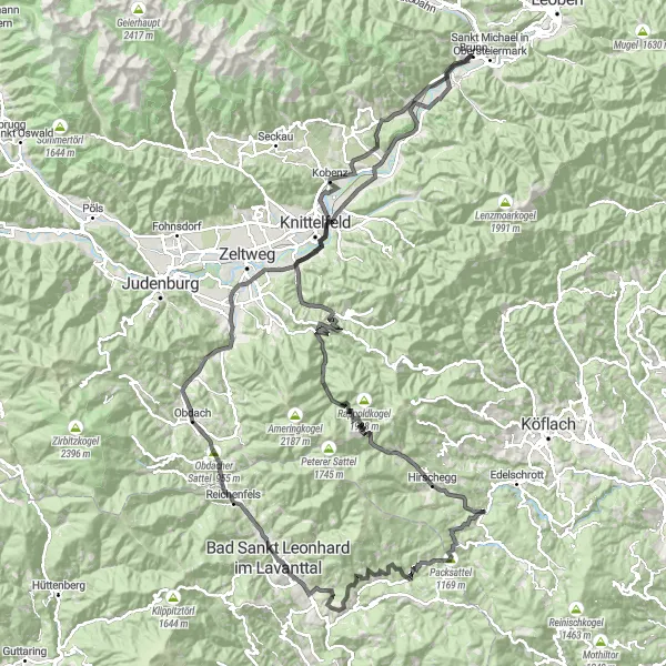 Miniatua del mapa de inspiración ciclista "Ruta por Sulzberg y Packsattel" en Steiermark, Austria. Generado por Tarmacs.app planificador de rutas ciclistas