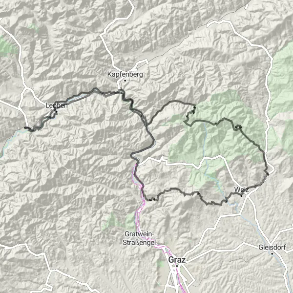 Miniaturní mapa "Epic Steiermark Cycling Tour" inspirace pro cyklisty v oblasti Steiermark, Austria. Vytvořeno pomocí plánovače tras Tarmacs.app