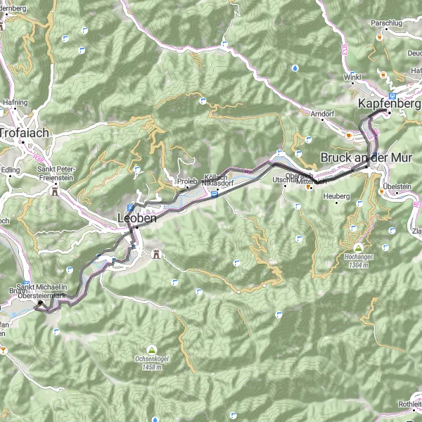 Karttaminiaatyyri "Münzenberg - Proleb - Schifferturm Cycling Route" pyöräilyinspiraatiosta alueella Steiermark, Austria. Luotu Tarmacs.app pyöräilyreittisuunnittelijalla
