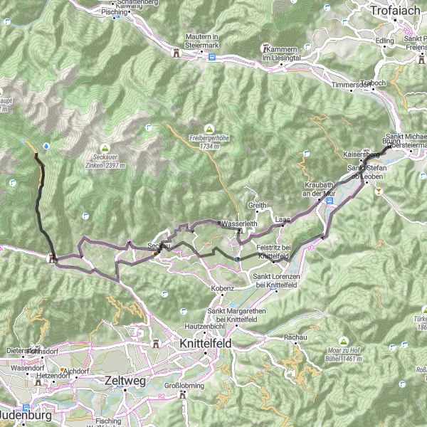Zemljevid v pomanjšavi "Krožna kolesarska pot okoli Liesingtal" kolesarske inspiracije v Steiermark, Austria. Generirano z načrtovalcem kolesarskih poti Tarmacs.app