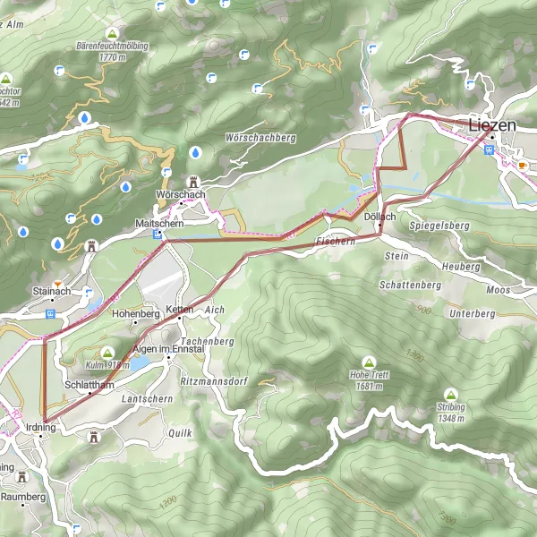 Miniatura della mappa di ispirazione al ciclismo "Tour Panoramico di Wörschach" nella regione di Steiermark, Austria. Generata da Tarmacs.app, pianificatore di rotte ciclistiche