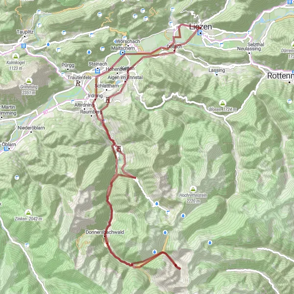 Zemljevid v pomanjšavi "Gravel kolesarska pot od Liezena do Aigen im Ennstalu" kolesarske inspiracije v Steiermark, Austria. Generirano z načrtovalcem kolesarskih poti Tarmacs.app