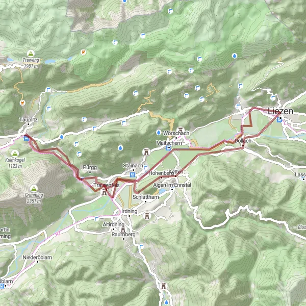 Miniature de la carte de l'inspiration cycliste "Exploration Gravel de la Région de Liezen" dans la Steiermark, Austria. Générée par le planificateur d'itinéraire cycliste Tarmacs.app