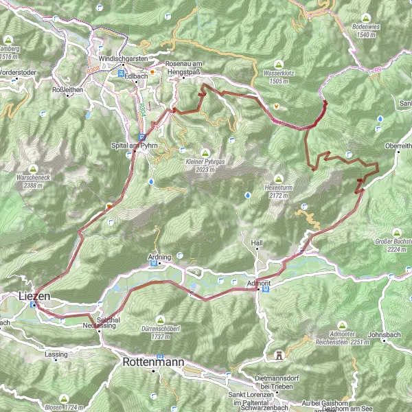 Karttaminiaatyyri "Liezen - Brunnstein - Spital am Pyhrn - Kleines Warscheneck - Kampermauer - Admonter Höhe - Buchauer Sattel - Admont - Enns-Steg - Selzthal Loop" pyöräilyinspiraatiosta alueella Steiermark, Austria. Luotu Tarmacs.app pyöräilyreittisuunnittelijalla