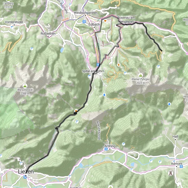 Karttaminiaatyyri "Liezen - Brunnstein - Rosenau am Hengstpaß - Kleines Warscheneck - Garstner Eck - Spital Egger - Hochbrand Loop" pyöräilyinspiraatiosta alueella Steiermark, Austria. Luotu Tarmacs.app pyöräilyreittisuunnittelijalla