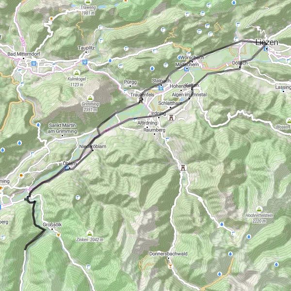 Zemljevid v pomanjšavi "Cestna kolesarska pot preko Niederöblarna in Irdninga" kolesarske inspiracije v Steiermark, Austria. Generirano z načrtovalcem kolesarskih poti Tarmacs.app