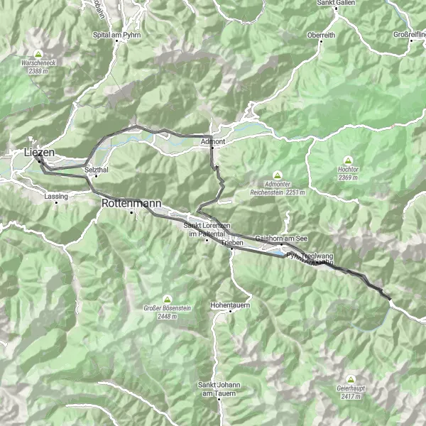 Miniatura della mappa di ispirazione al ciclismo "Giro Pittoresco dei Paesi dell'Ennstal" nella regione di Steiermark, Austria. Generata da Tarmacs.app, pianificatore di rotte ciclistiche