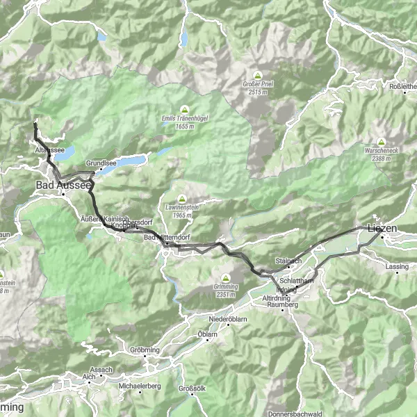 Miniatua del mapa de inspiración ciclista "Épica Travesía en Carretera hacia Liezen" en Steiermark, Austria. Generado por Tarmacs.app planificador de rutas ciclistas