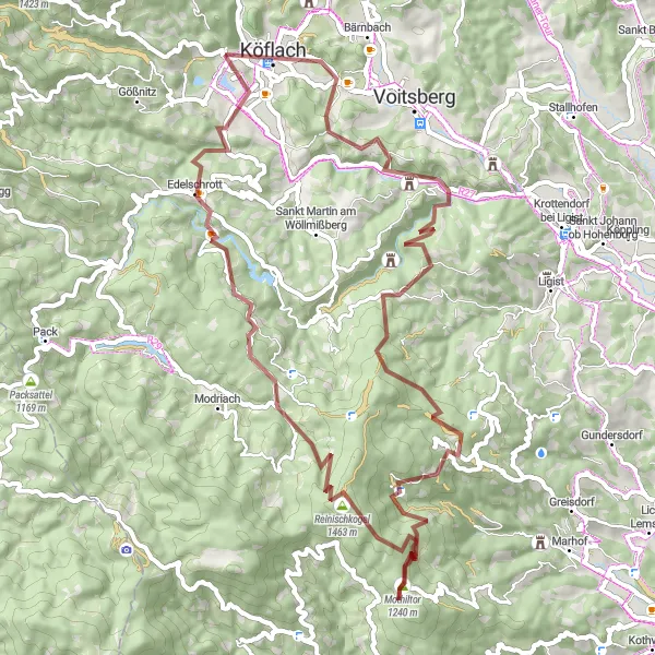Miniatua del mapa de inspiración ciclista "Ruta de Grava Zigöllerkogel-Köflach" en Steiermark, Austria. Generado por Tarmacs.app planificador de rutas ciclistas