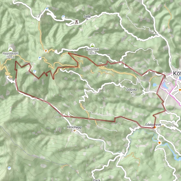 Miniatura della mappa di ispirazione al ciclismo "Percorso Gravel tra Maria Lankowitz e Edelschrott" nella regione di Steiermark, Austria. Generata da Tarmacs.app, pianificatore di rotte ciclistiche