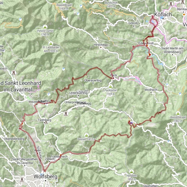 Miniatua del mapa de inspiración ciclista "Ruta de gravilla a Wolfsberg y Prebl" en Steiermark, Austria. Generado por Tarmacs.app planificador de rutas ciclistas