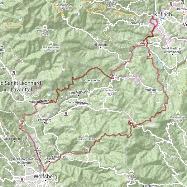 Zemljevid v pomanjšavi "Gravlovsko doživetje v okolici Wolfsberga" kolesarske inspiracije v Steiermark, Austria. Generirano z načrtovalcem kolesarskih poti Tarmacs.app