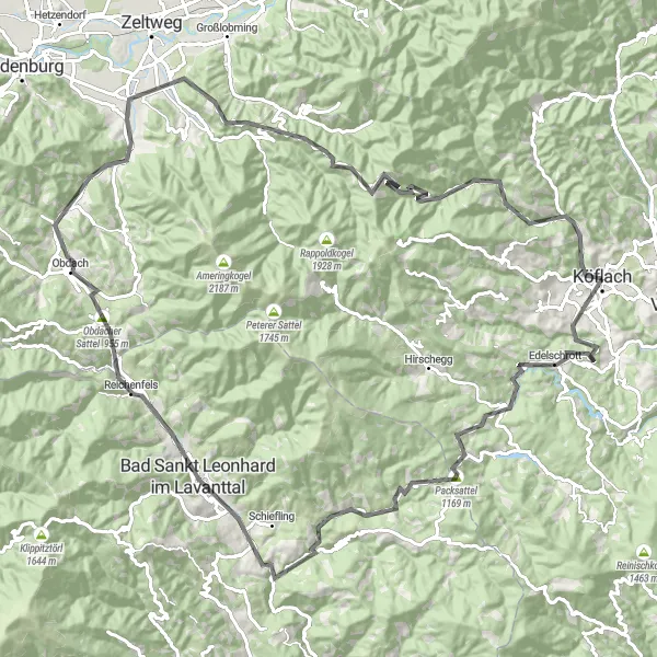 Miniaturní mapa "Trasa s výstupy východním Rakouskem" inspirace pro cyklisty v oblasti Steiermark, Austria. Vytvořeno pomocí plánovače tras Tarmacs.app