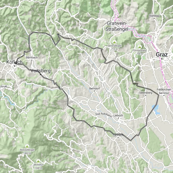Karttaminiaatyyri "Bundesgestüt Piber-Rosental an der Kainach Route" pyöräilyinspiraatiosta alueella Steiermark, Austria. Luotu Tarmacs.app pyöräilyreittisuunnittelijalla