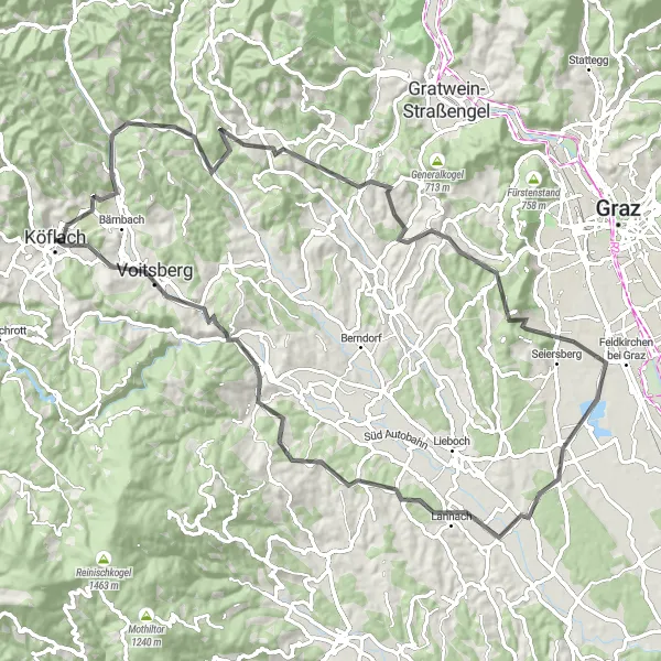 Map miniature of "Road Cyclist's Paradise" cycling inspiration in Steiermark, Austria. Generated by Tarmacs.app cycling route planner